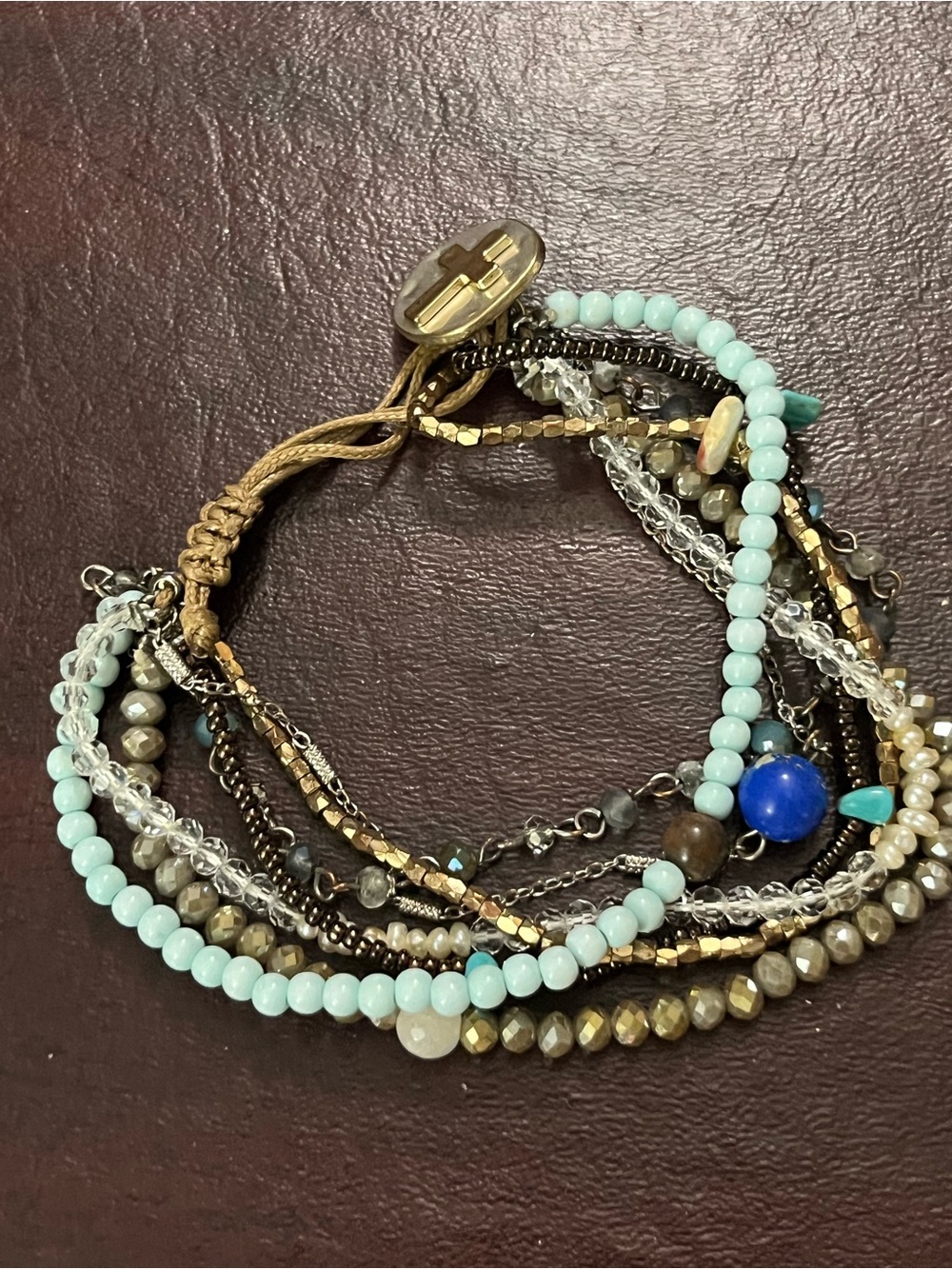 Multi-Strand Turquoise & Blue Beaded Women's Bracelet with Mixed Metal Accents